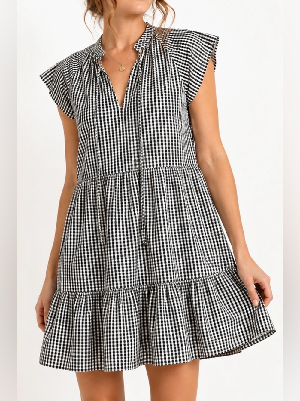 Tyler Böe Claudia Gingham Tiered Mini Dress Black White Size Small Babydoll